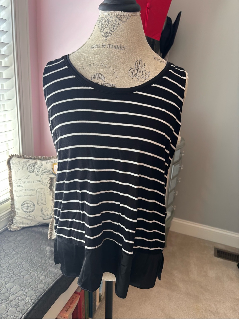 White House Black Market Black & White Striped Ruffle-Hem Tank